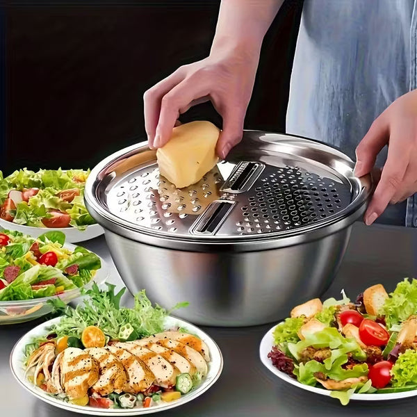 3-in-1 Multipurpose Kitchen Bowlβ’ | Premium Stainless Steel Cutter + Grater + Drain Basket