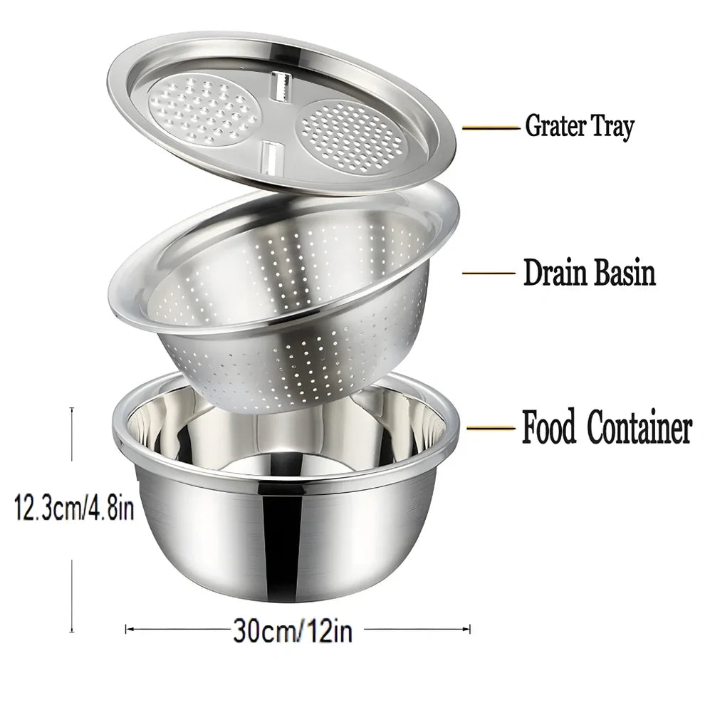 3-in-1 Multipurpose Kitchen Bowlβ’ | Premium Stainless Steel Cutter + Grater + Drain Basket