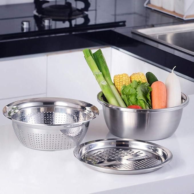 3-in-1 Multipurpose Kitchen Bowlβ’ | Premium Stainless Steel Cutter + Grater + Drain Basket