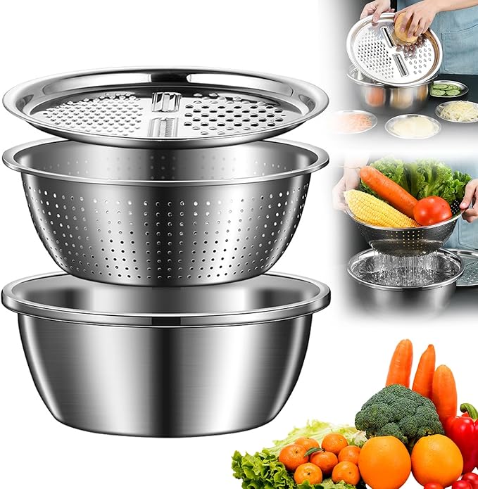 3-in-1 Multipurpose Kitchen Bowlβ’ | Premium Stainless Steel Cutter + Grater + Drain Basket