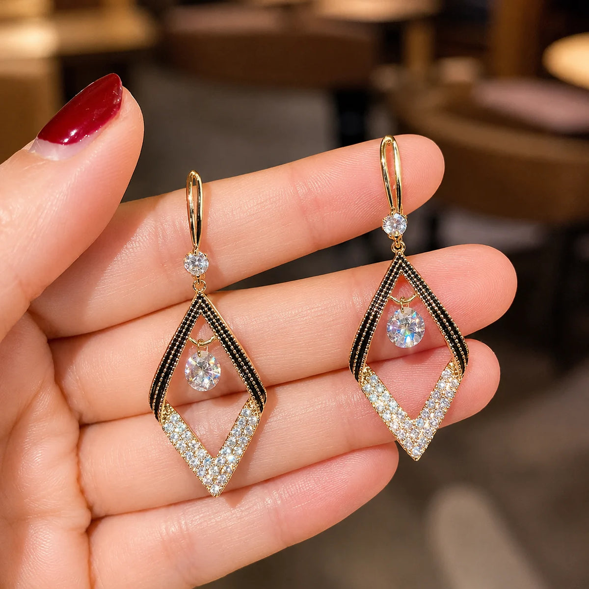 Black & Crystal Geometric Drop Earrings