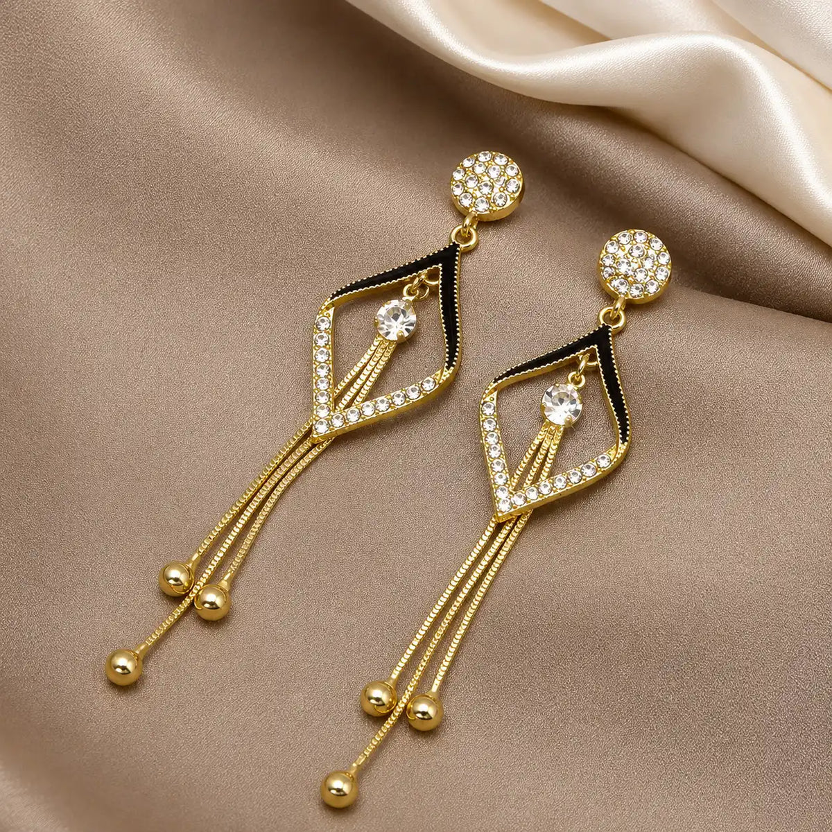 Black & Crystal Tassel Drop Earrings