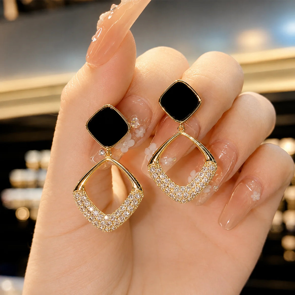Black & Gold Crystal Geometric Drop Earrings