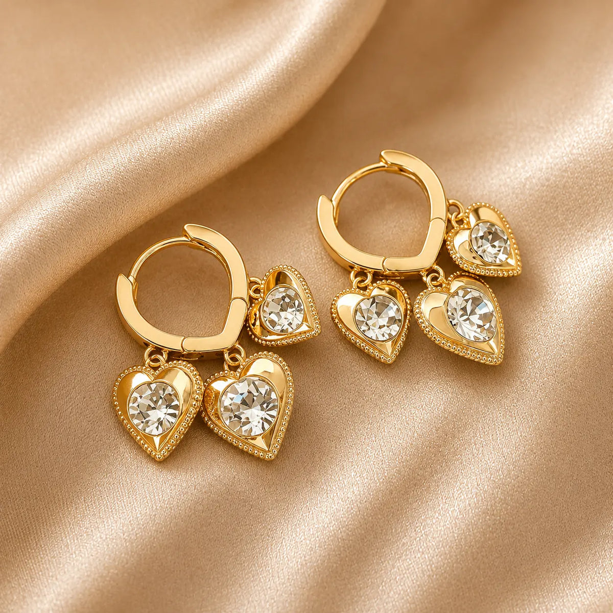 Double Heart Crystal Drop Hoop Earrings