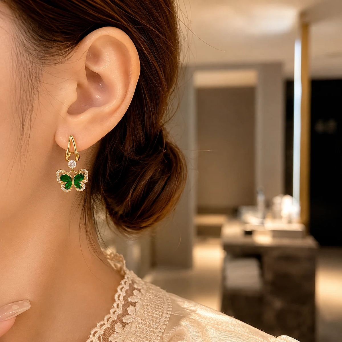 Emerald Butterfly Crystal Drop Earrings