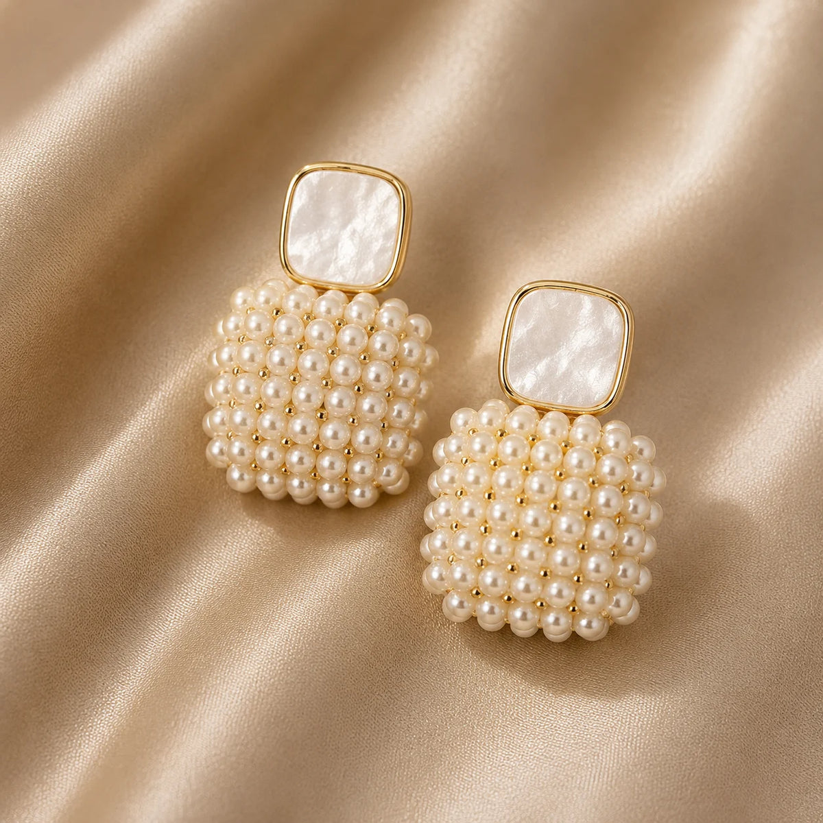 Pearl Beaded Geometric Drop Earrings