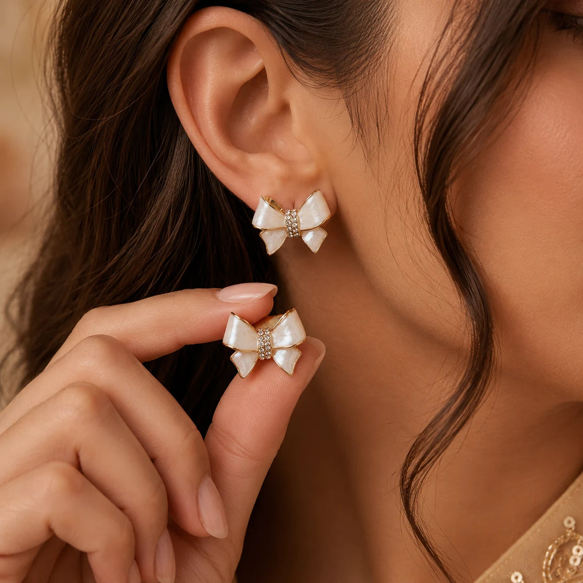 Pearl Bow Crystal Stud Earrings