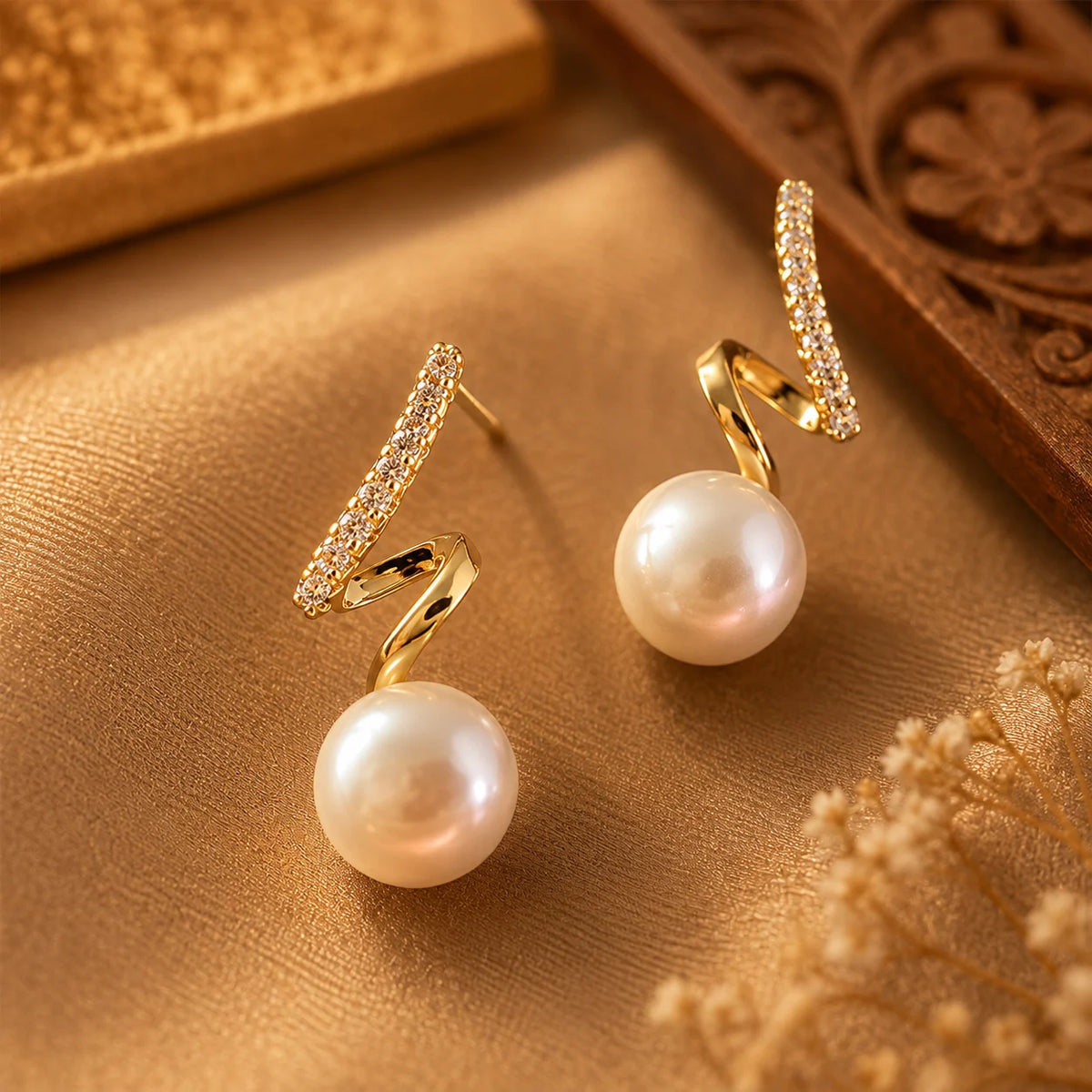 Pearl Crystal Spiral Drop Earrings
