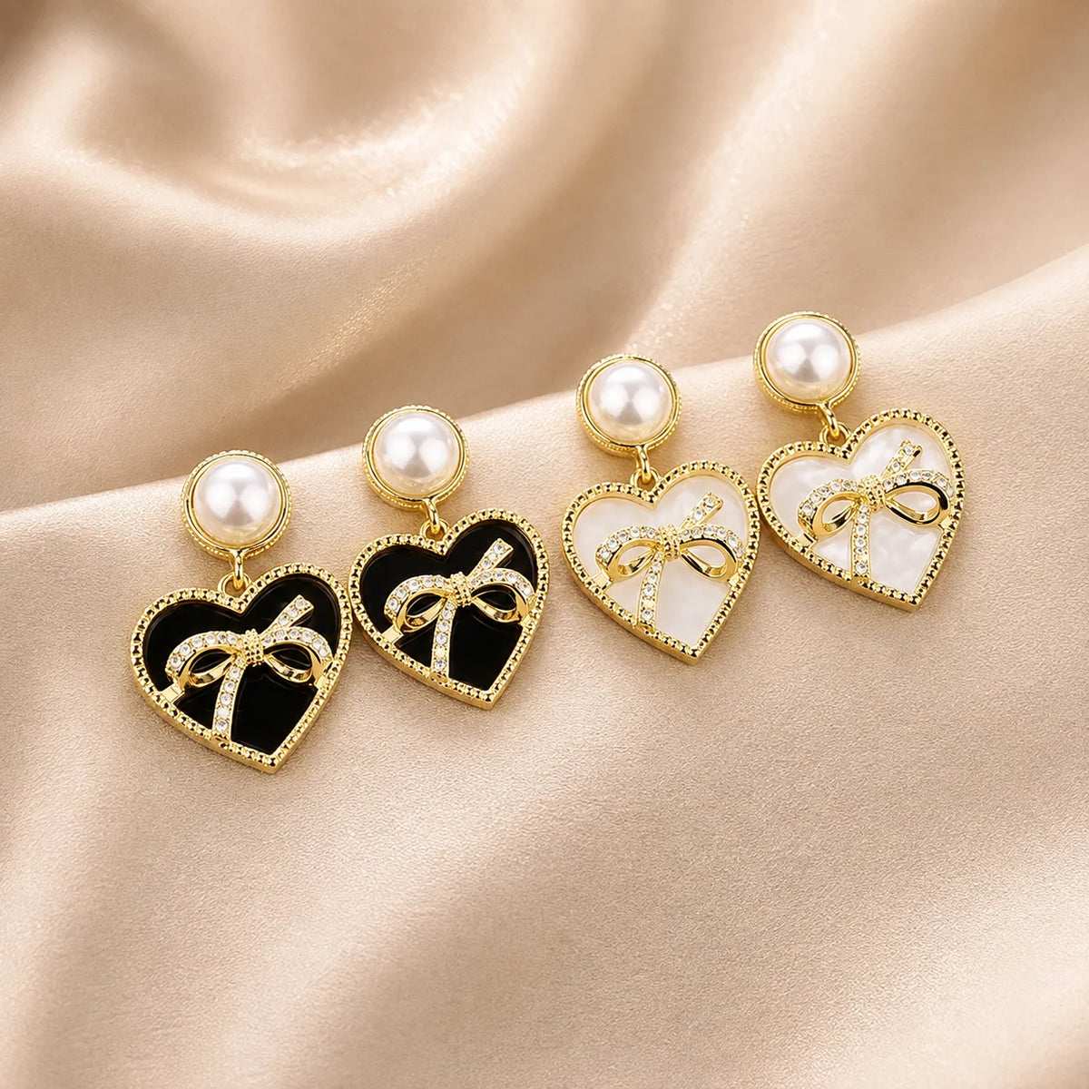 Pearl Heart Bow Drop Earrings