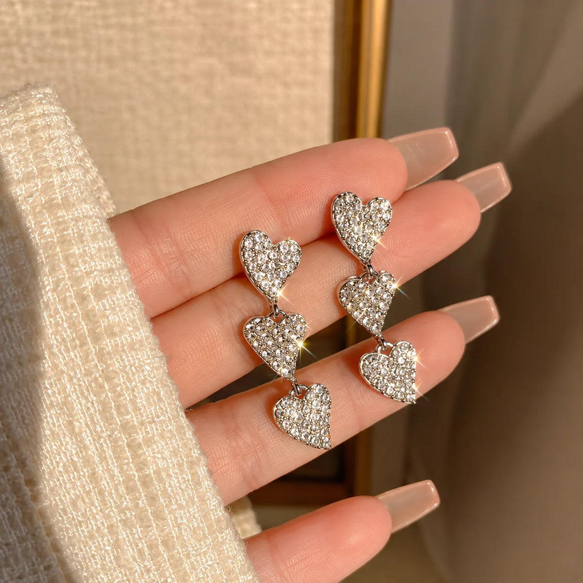 Triple Heart Crystal Drop Earrings