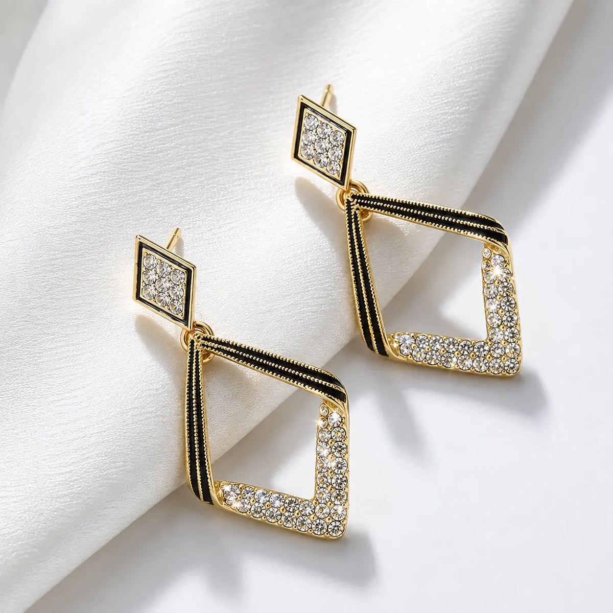 Black & Crystal Geometric Drop Earrings