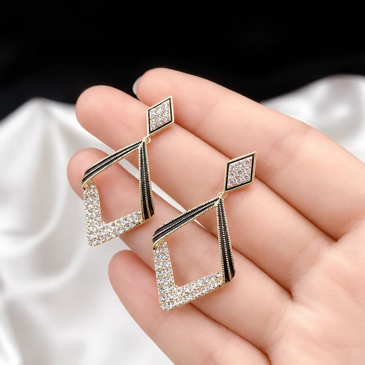 Black & Crystal Geometric Drop Earrings