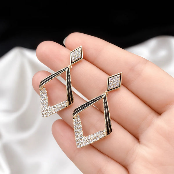Black & Crystal Geometric Drop Earrings