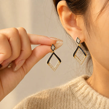 Black & Crystal Geometric Drop Earrings