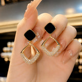 Black & Gold Crystal Geometric Drop Earrings