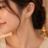 Crystal Bow Long Drop Earrings