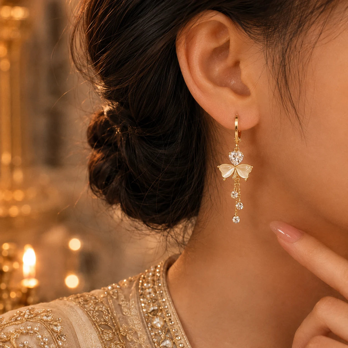 Crystal Butterfly Pearl Drop Hoop Earrings