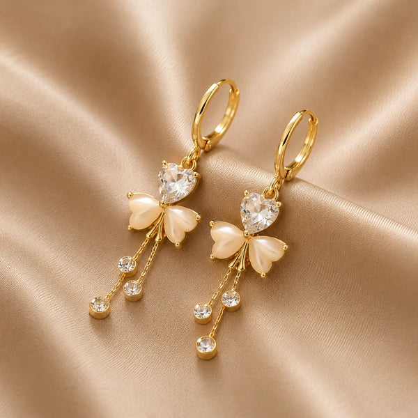 Crystal Butterfly Pearl Drop Hoop Earrings