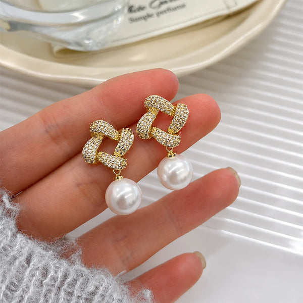 Crystal Chain Pearl Drop Earrings