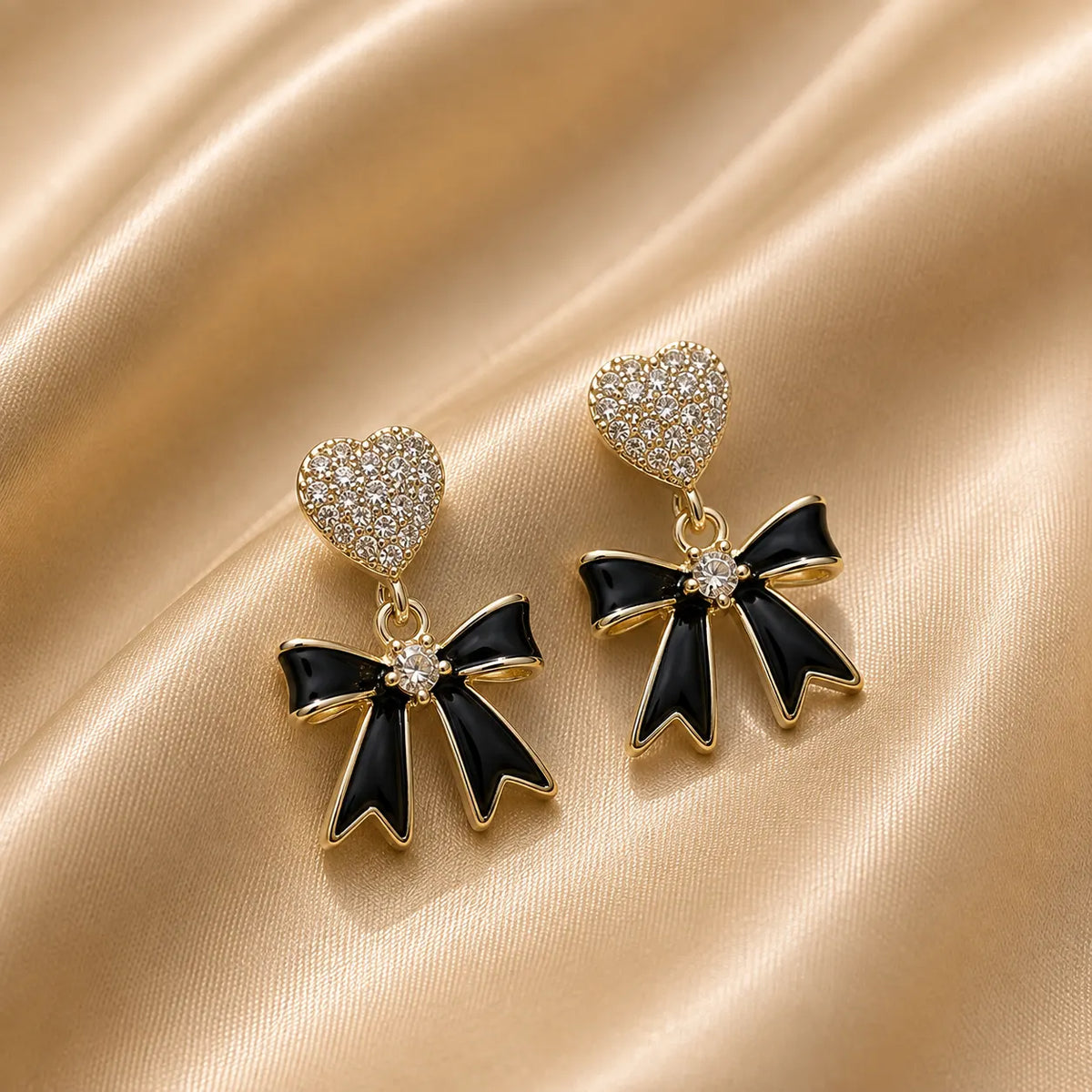 Crystal Heart Bow Drop Earrings