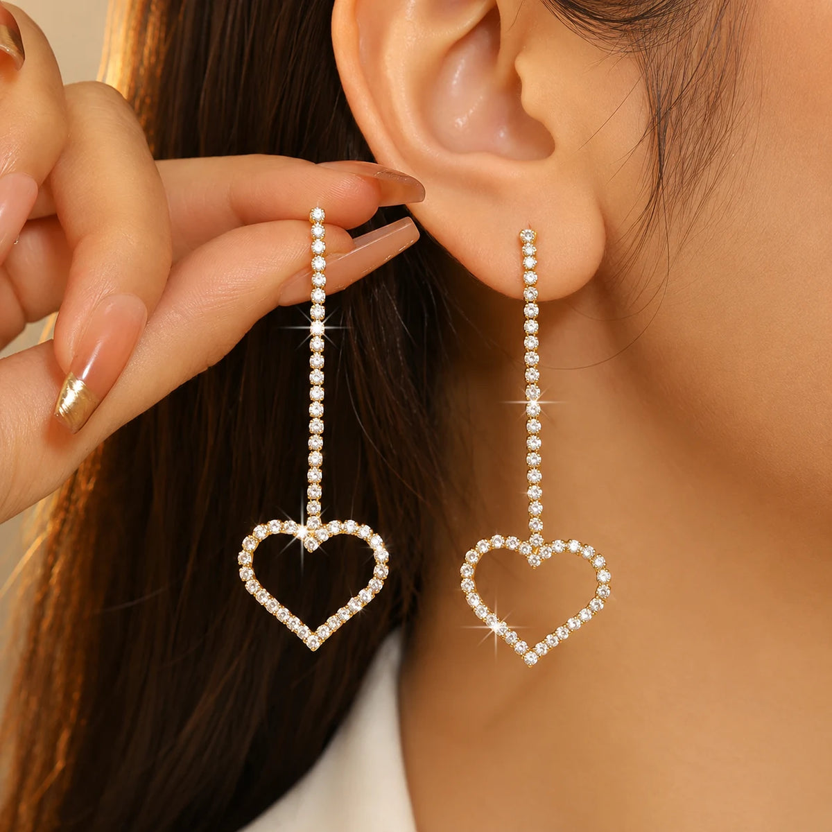 Crystal Heart Long Drop Earrings
