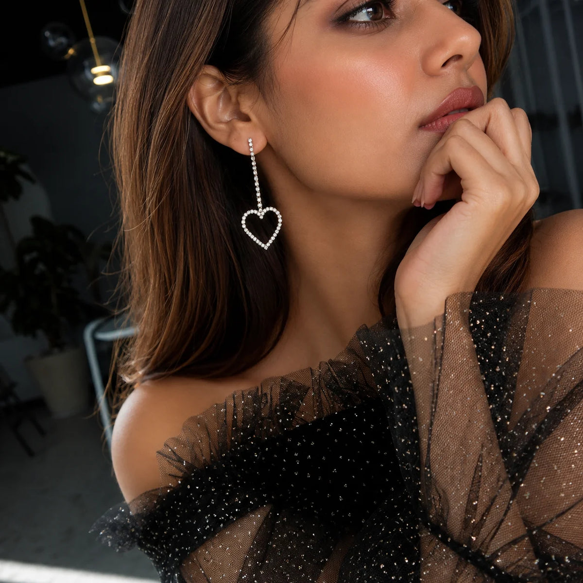 Crystal Heart Long Drop Earrings