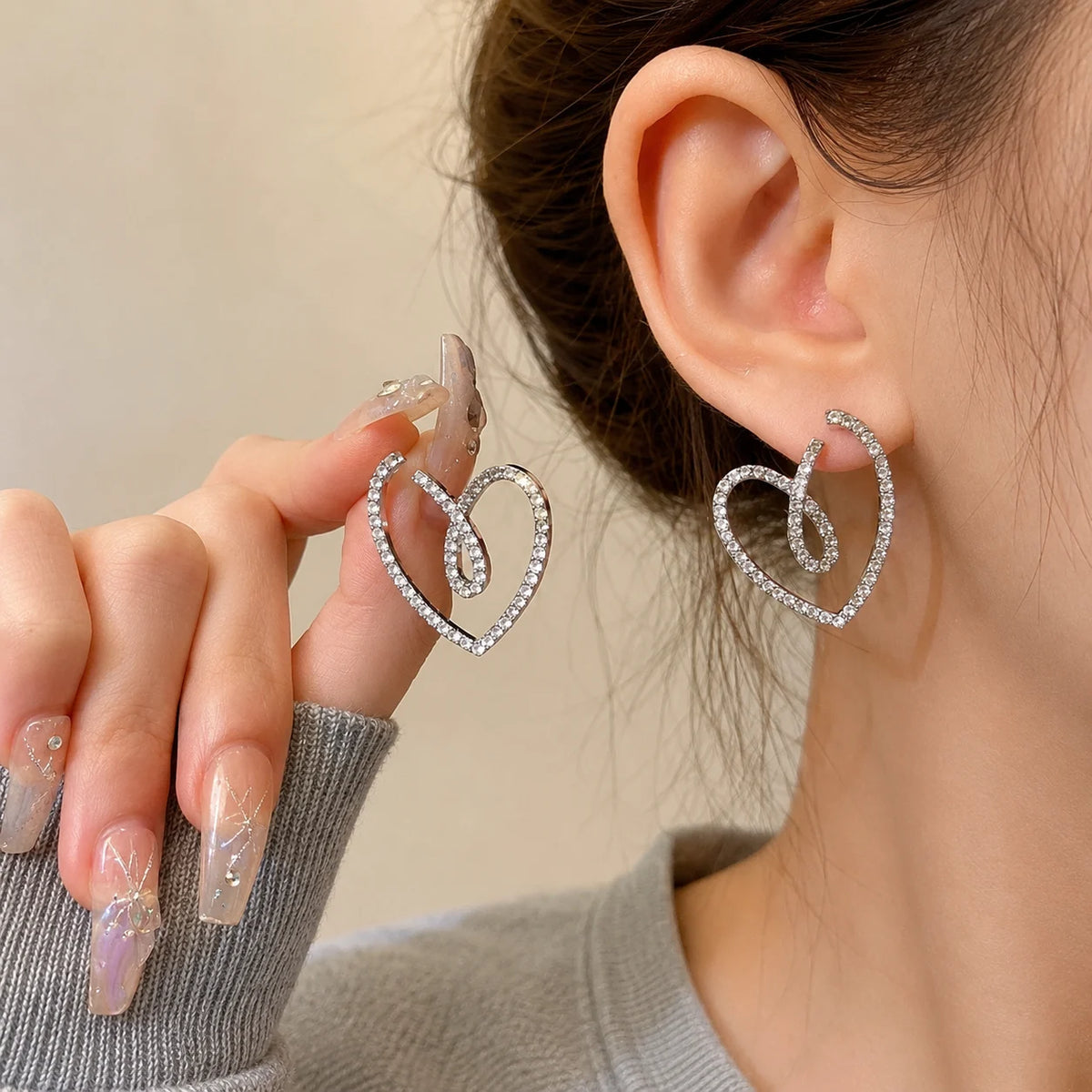 Crystal Heart Loop Drop Earrings