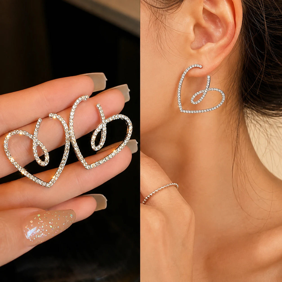 Crystal Heart Loop Drop Earrings