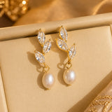 Crystal Leaf Pearl Drop Earrings