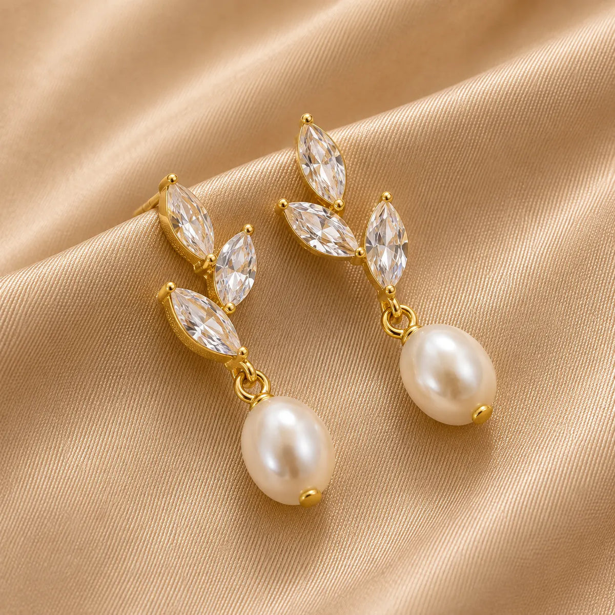 Crystal Leaf Pearl Drop Earrings