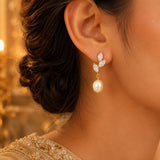 Crystal Leaf Pearl Drop Earrings
