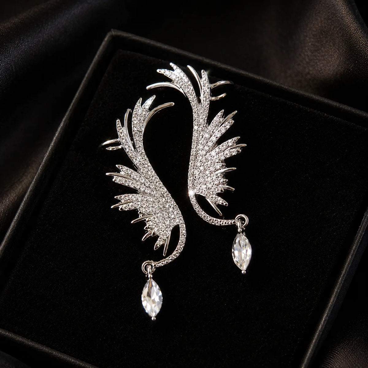 Crystal Wing Feather Drop Earrings