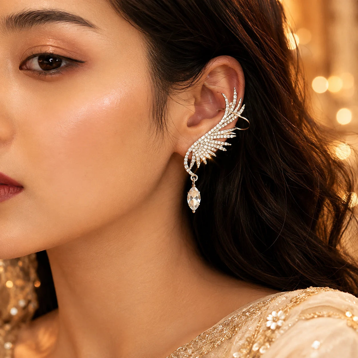 Crystal Wing Feather Drop Earrings