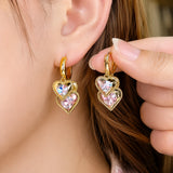 Double Heart Crystal Drop Hoop Earrings
