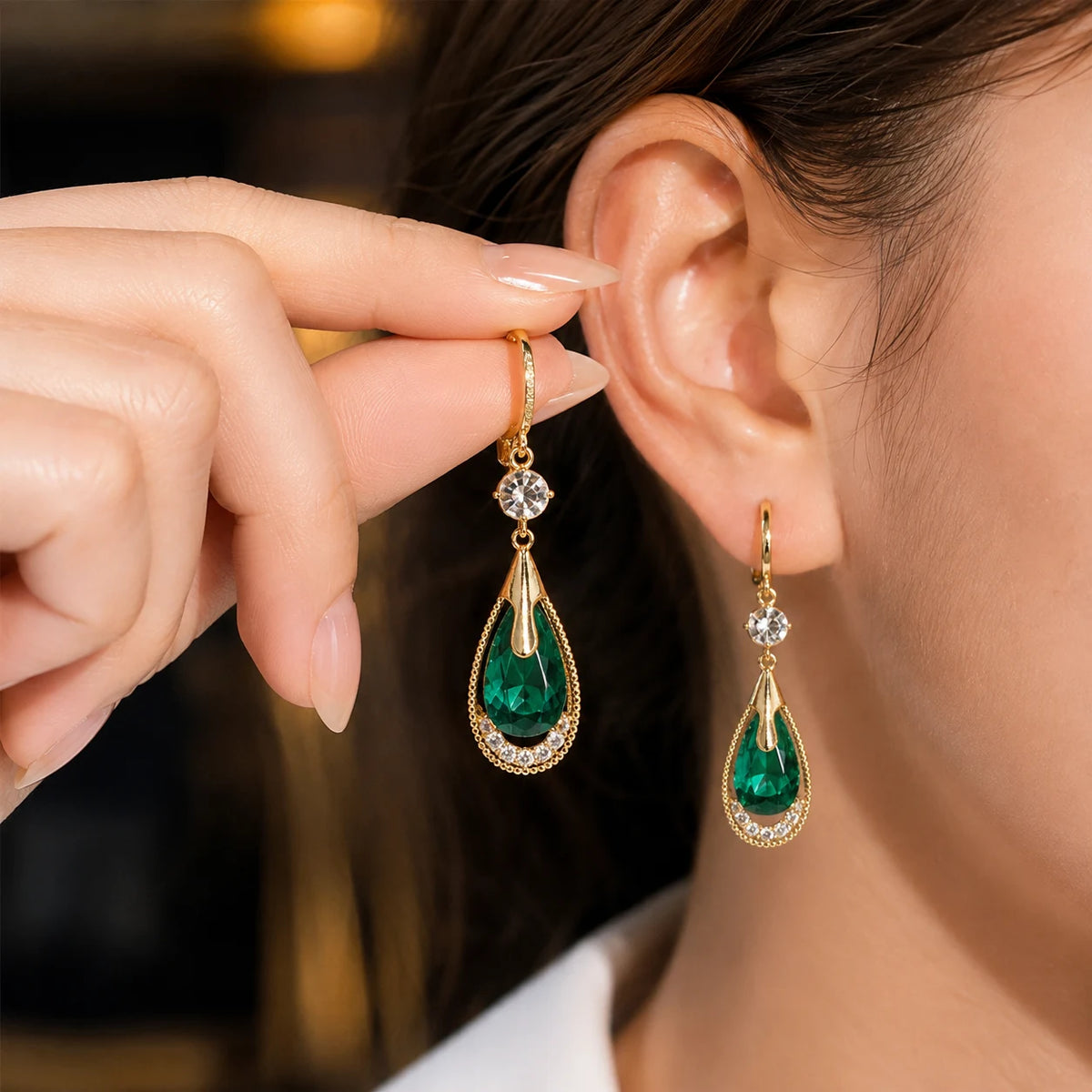 Emerald Teardrop Crystal Drop Earrings