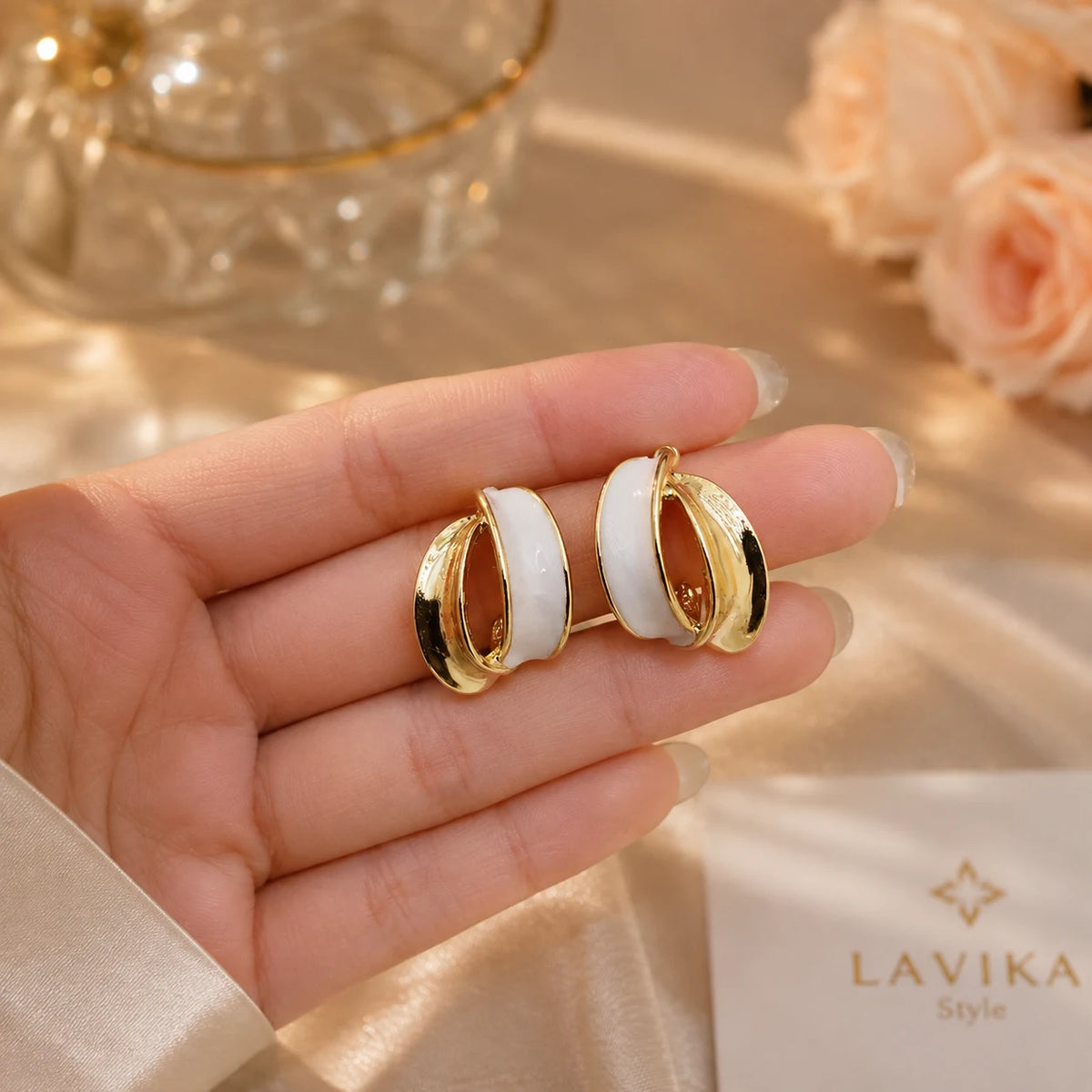 Gold & Black/White Enamel Hoop Earrings