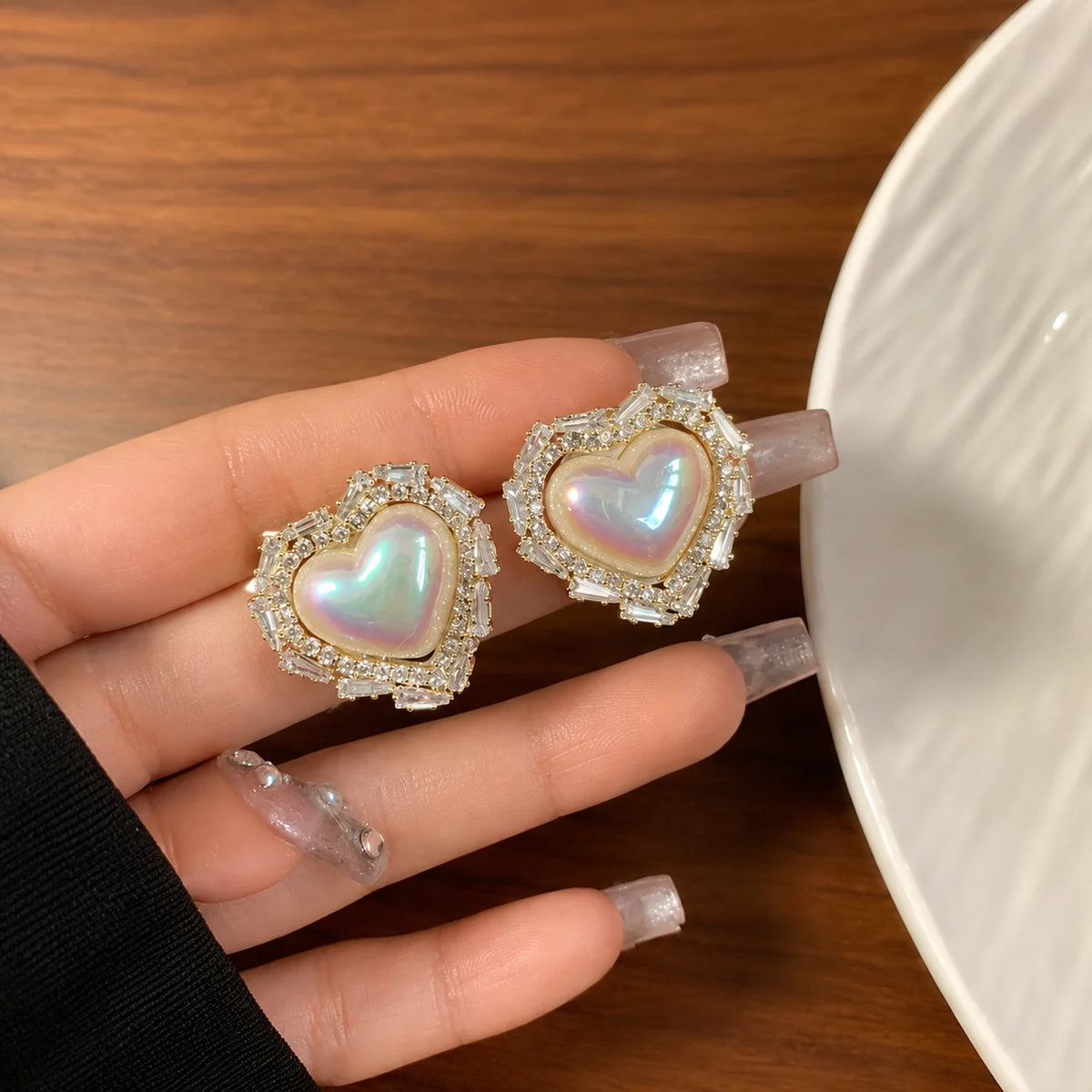 Iridescent Heart Crystal Stud Earrings