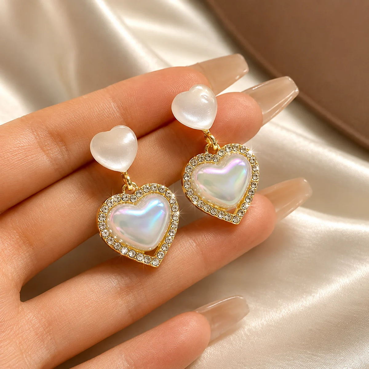 Iridescent Heart Pearl Drop Earrings