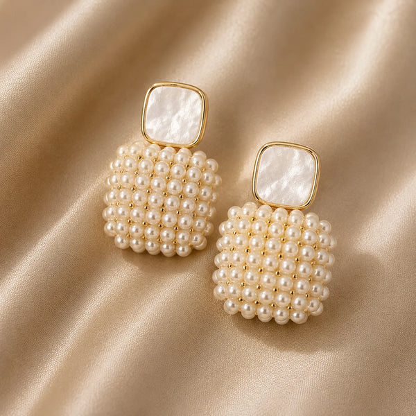 Pearl Beaded Geometric Drop Earrings