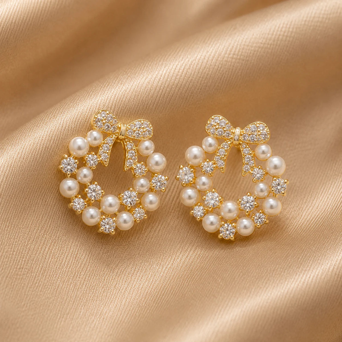 Pearl Bow Crystal Wreath Earrings