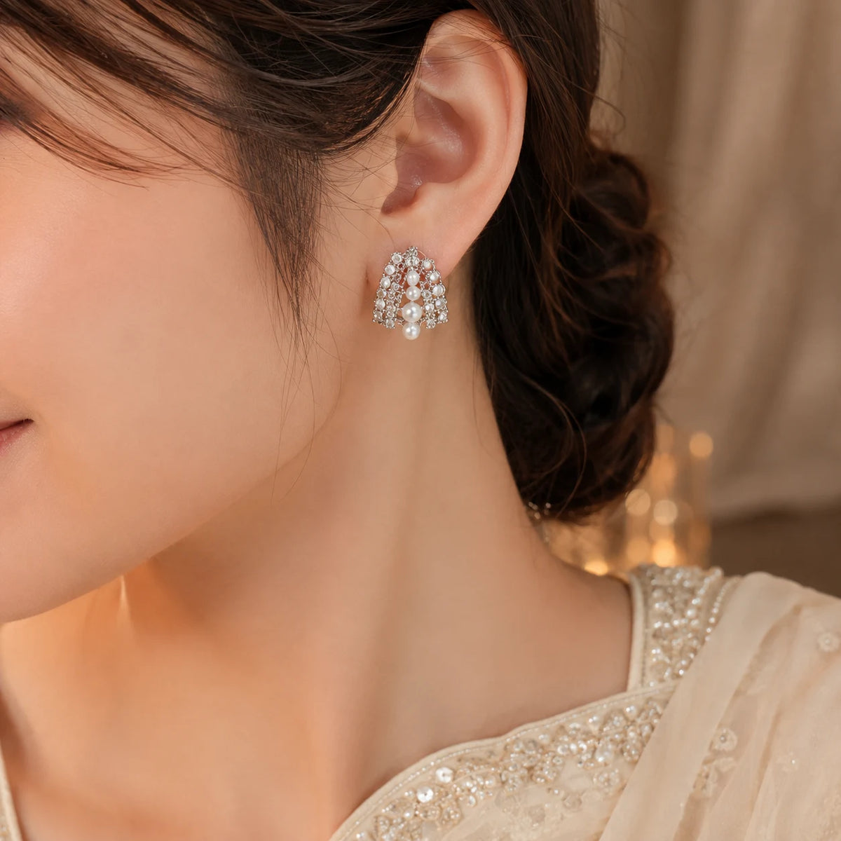 Pearl Crystal Bow Stud Earrings