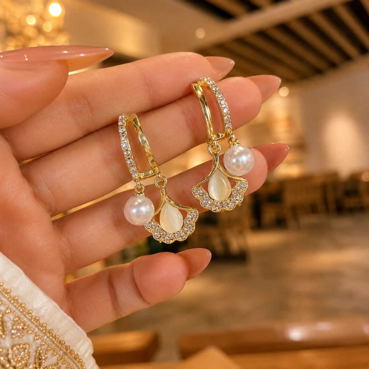 Pearl Crystal Floral Drop Hoop Earrings