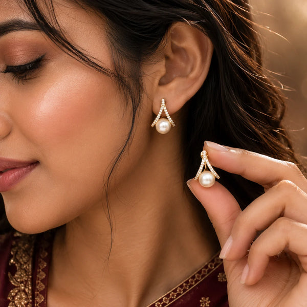 Pearl Crystal Teardrop Stud Earrings