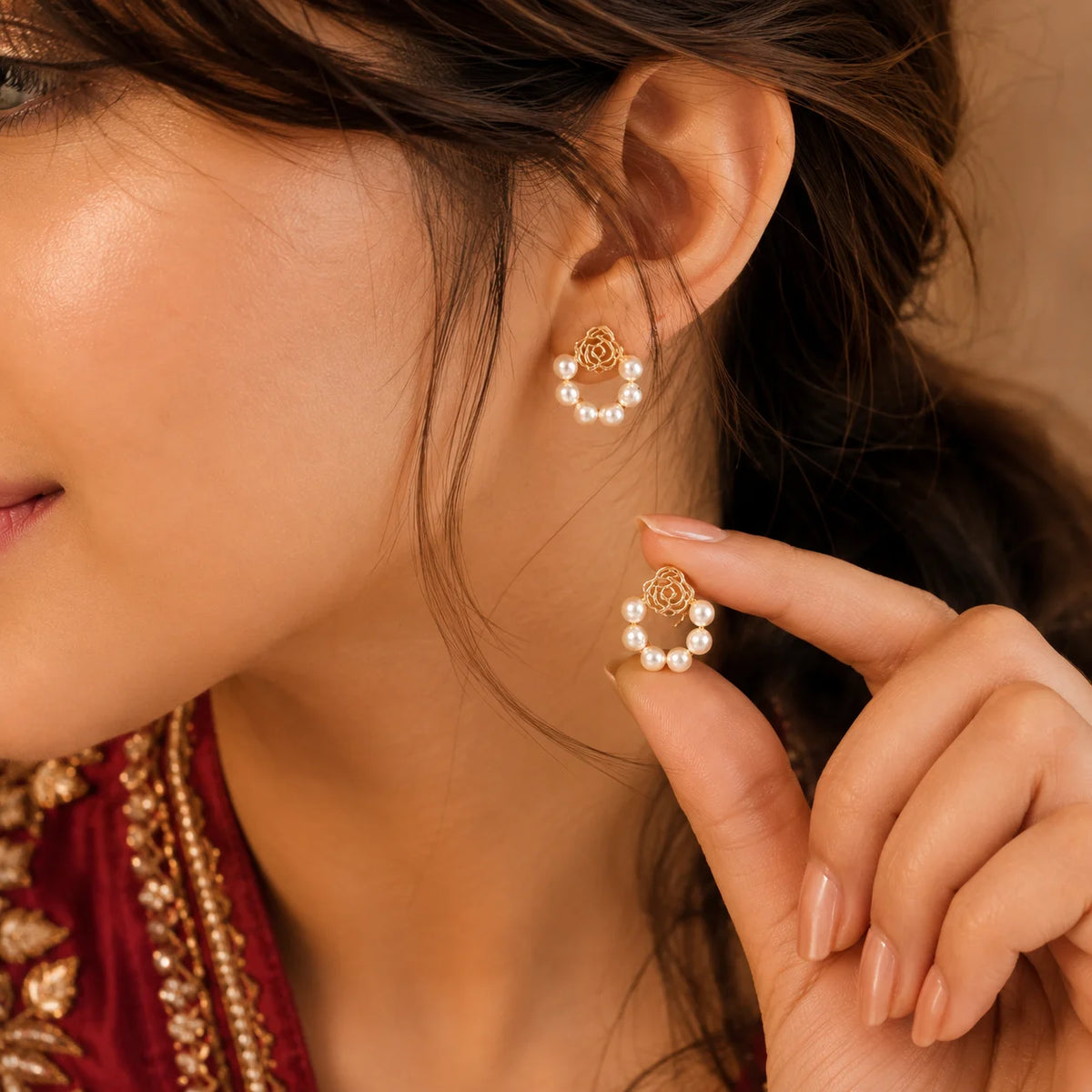 Pearl Floral Circle Stud Earrings
