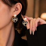 Pearl Heart Bow Drop Earrings