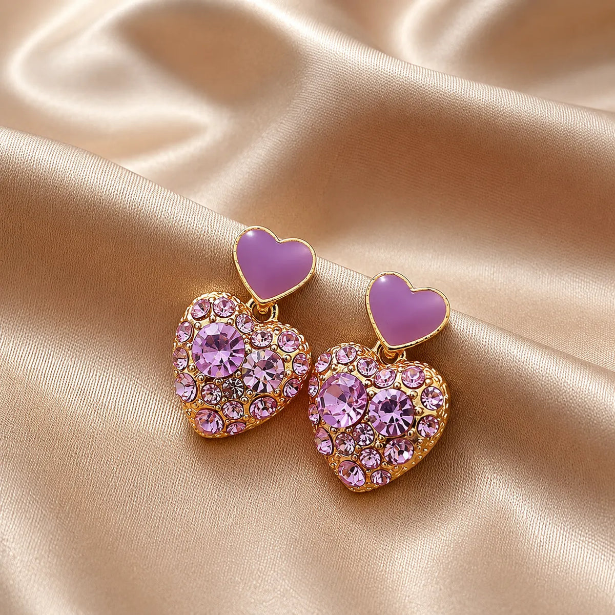 Purple Crystal Heart Drop Earrings