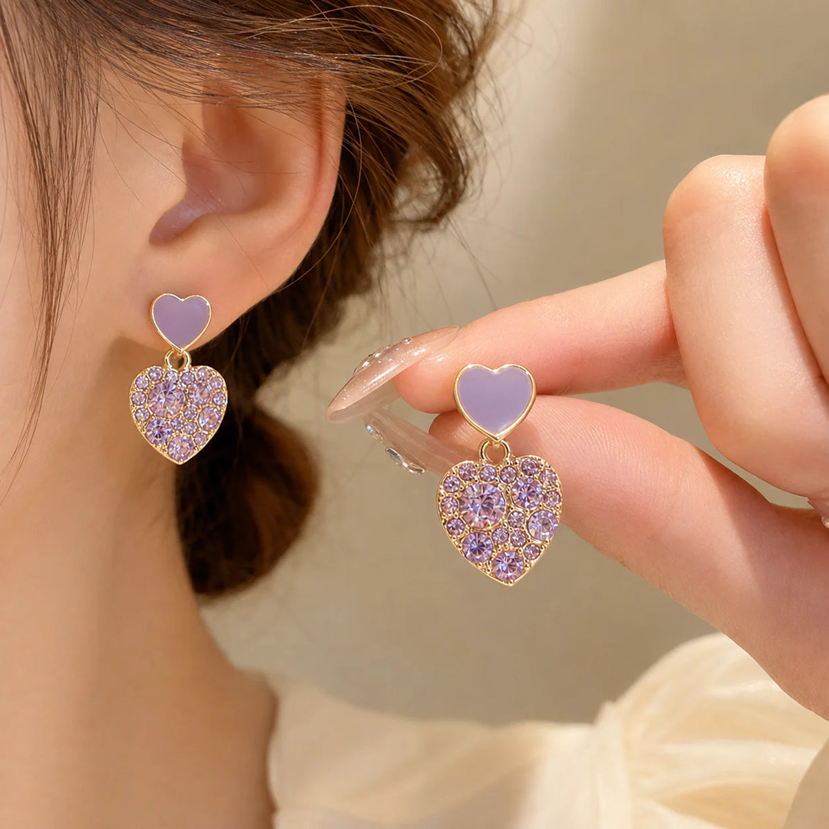Purple Crystal Heart Drop Earrings