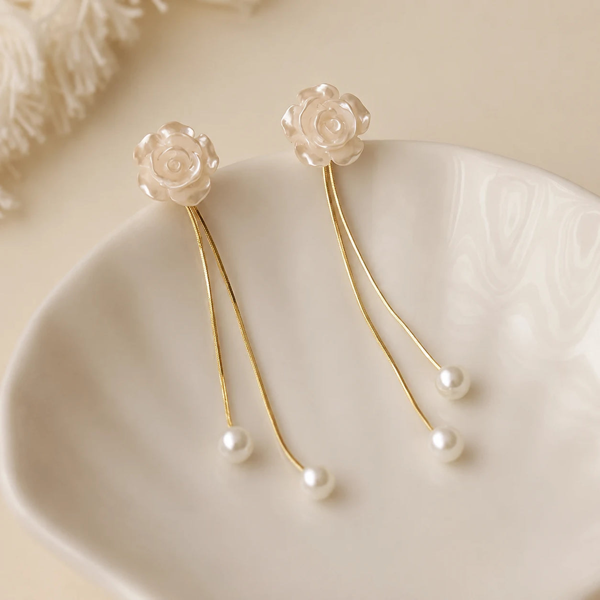 Rose Flower Pearl Tassel Earrings