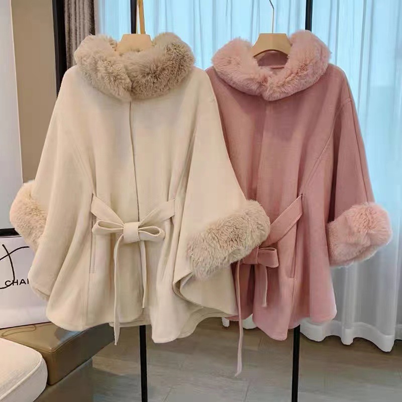 Soft Wool-Blend Cape with Faux Fur Cuffs & Collar