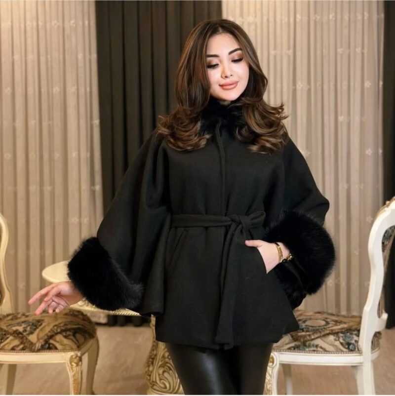 Luxe Faux Fur Trim Belted Cape